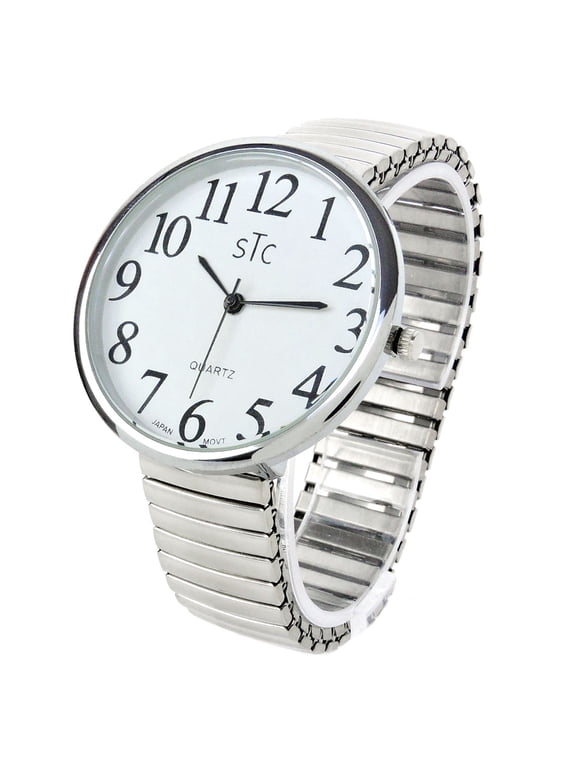 Silver Super Large Case Size 43 mm Stretch Band Easy to Read Unisex Watch - New in Box