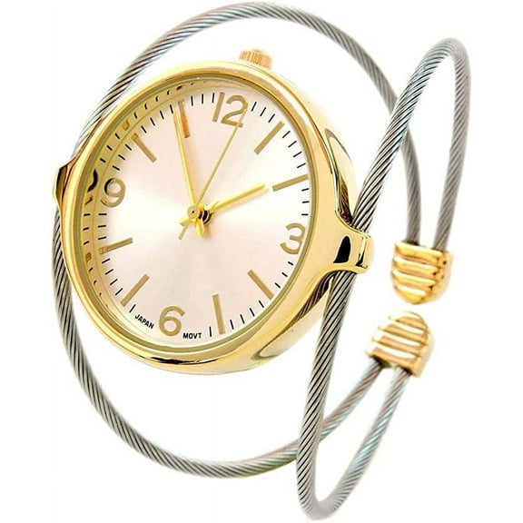 STC Two-Tone Elegant Dual Cable Band Bracelet Women's Bangle Cuff Wrist Watch