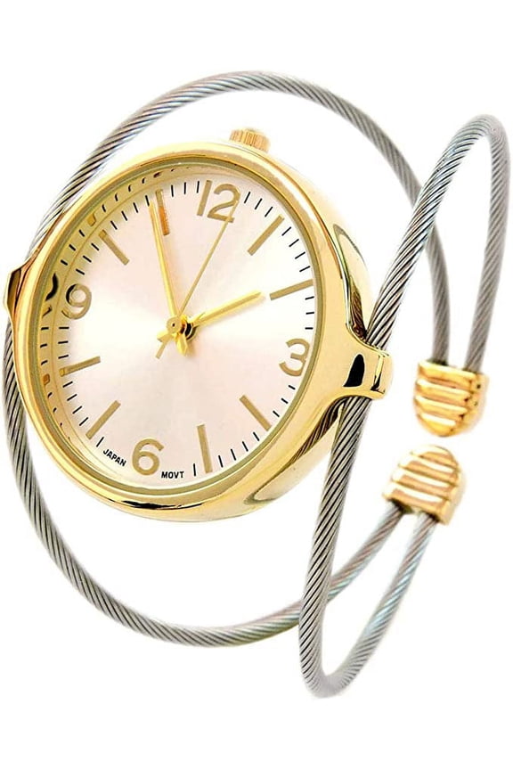 Two-Tone Elegant Dual Cable Band Bracelet Women's Bangle Cuff Wrist Watch