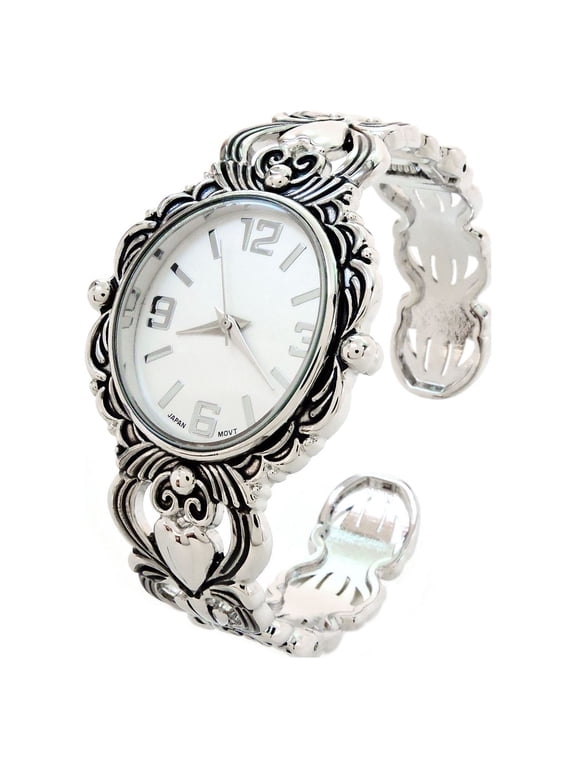 Women's 0.65 Inch Silver Metal Oval Dial Bangle Cuff Wristwatch, White