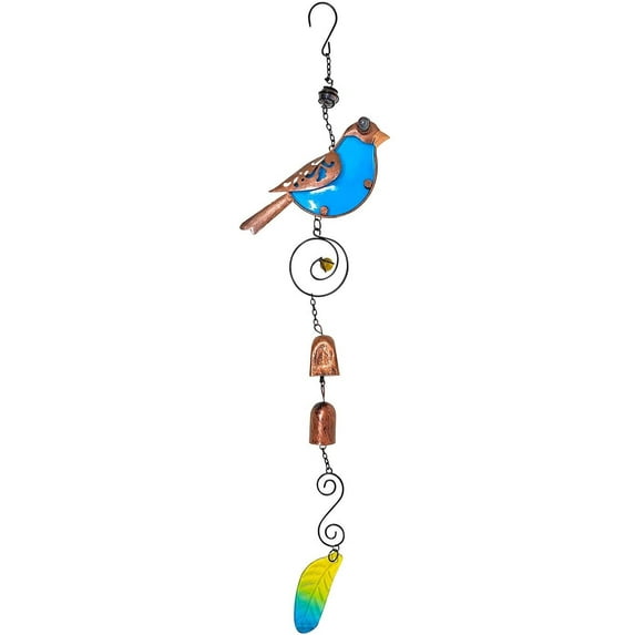 STC World Bird Wind Chime Charm Colorful Stained Glass Copper Metal Finish Garden Yard Lawn Outdoor 30" L (Blue)