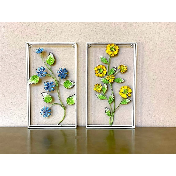 STC World Set of 2 Framed Flower Metal Wall Art Home Office Room Rustic Decoration 16" x 9"