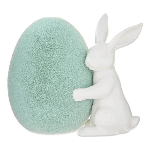 Bunny with Flocked Egg Tabletop Decoration, Green and White, 4", Easter by Way To Celebrate