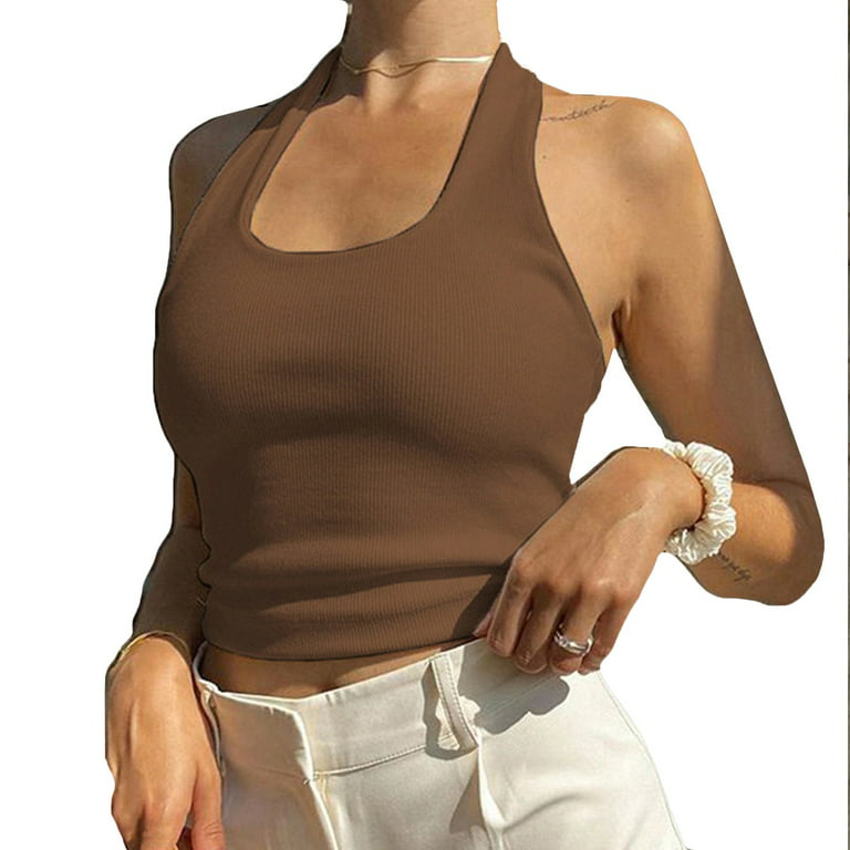STEADY Camisole Female Sexy Hot Girl Solid Color Halter Camisole Yoga Tank  Top M - Brown 