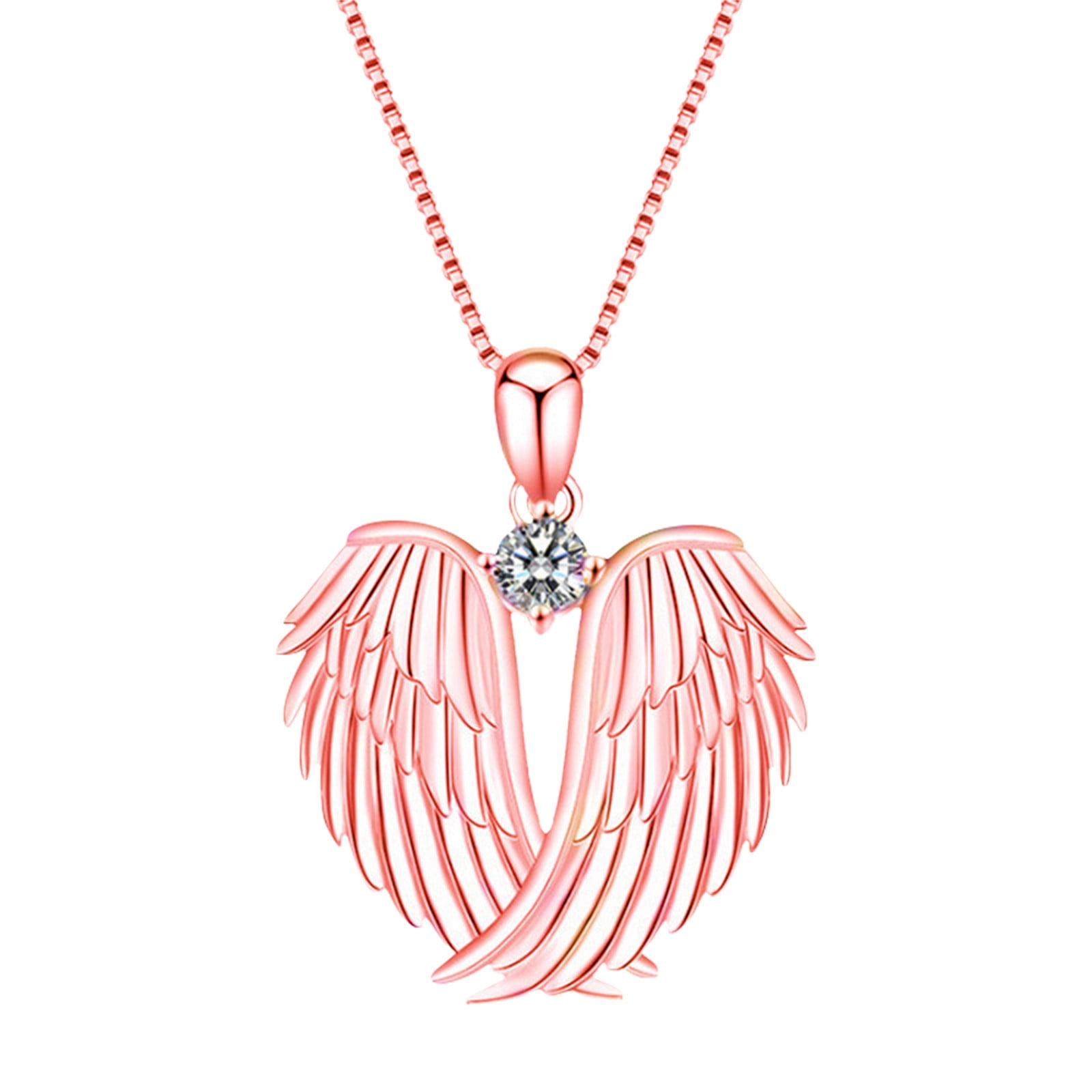 Pink Diamond Heart Angel Wings Pendant Necklace