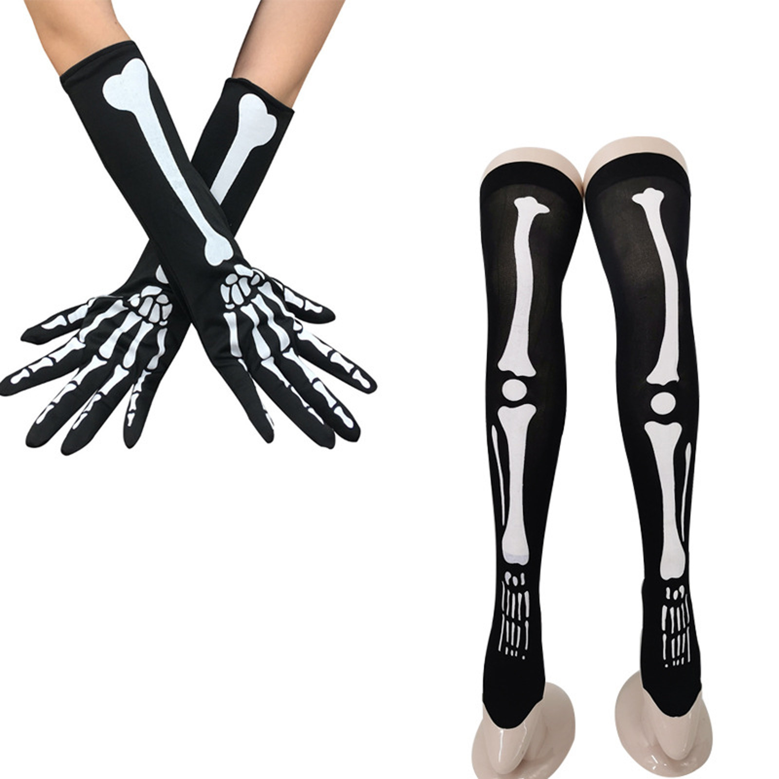 STEADY Women's Scary Skeleton Print Party Gloves Socks Set Twopiece