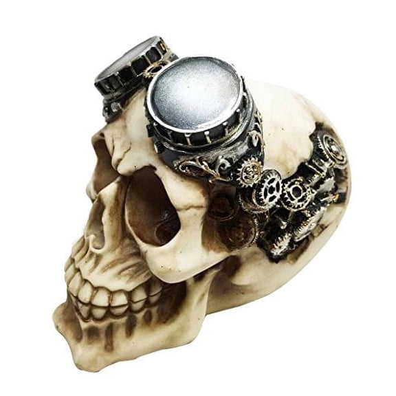 STEAMPUNK PILOT AVIATOR PROTRUDING GEARWORK ROBOTIC HUMAN SKULL STATUE FIGURINE
