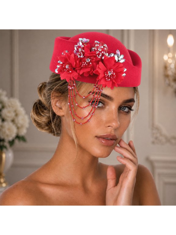 Women's Rhinestone Tassel Pillbox Beret, Soft and Derby Hat, Red Style 1, One Size, Formal Events and Special Occasions