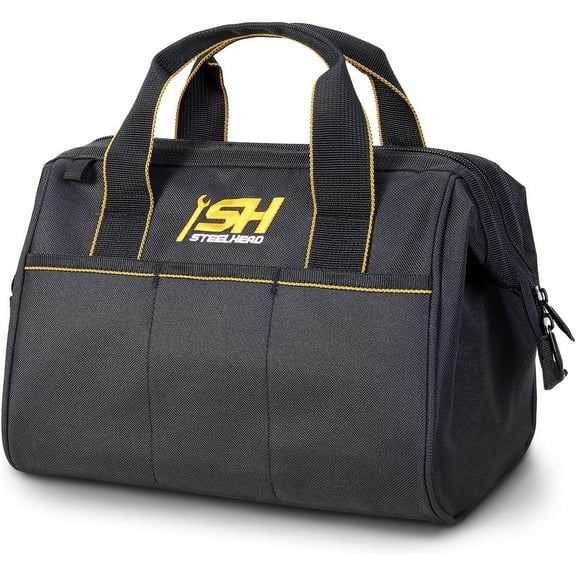 STEELHEAD 12-Inch Wide Mouth Tool Bag & Organizer, Reinforced Bottom, 4 Pockets, Water-Resistant, Heavy-Duty Zipper, Quick-Access Tool Attachment, Jobsite Ready: Electricians, Plumbers, Contractors