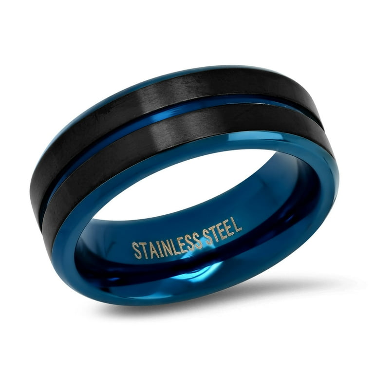 Mens wedding band shop with blue stripe