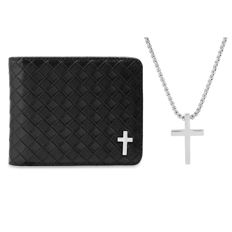 Men's Stainless Steel Polished Black IP Cross Braided Black Leather Necklace Men's Stainless Steel Polished Black IP Cross Braided Black Leather Necklace
