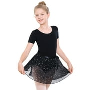STELLE Ballet Shrot Sleeve Leotard With Chiffon Sequins Skirt&Tights Ballet Dancewear Combo for Ballerina Girls,Blakc,5T