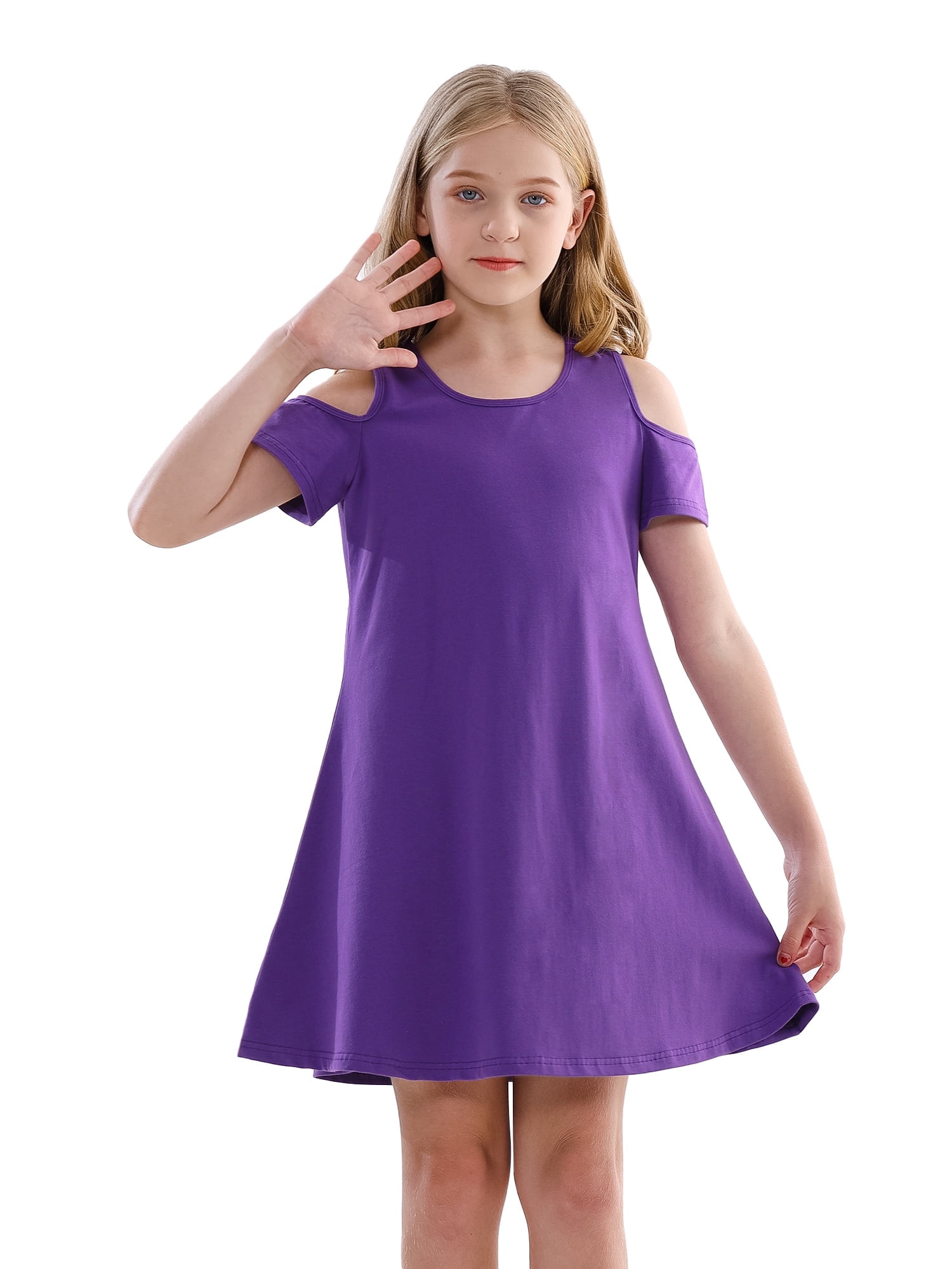 Kid Girl Cold Shoulder Solid Color Ribbed Short-sleeve Dress