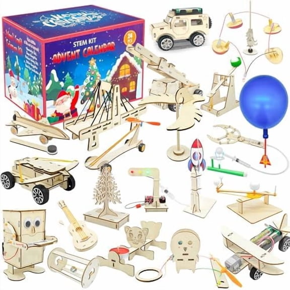 STEM Advent Calendar 2025, 24 Packs Wooden STEM Projects Kit Science Advent Calendar Christmas Countdown, 24 Days Surprises Educational Christmas Gifts for Kids Boys Homeschoolers