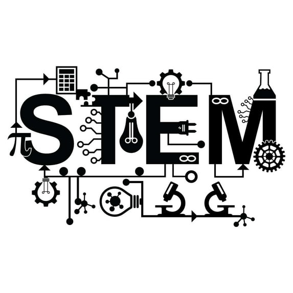 STEM Artwork Banner for Classroom Vinyl Wall Decal - Science Technology Engineering and Mathematics Black and White Art with Microscope, Light Bulb, Calculator, Cogwheel, Pi, Laboratory Equipments and