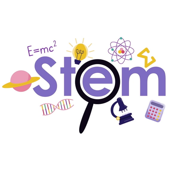 STEM Banner Art with Magnifying Glass, Calculator, Light Bulb, Planet, Neutron, DNA, Microscope and Famous Math Equation E Equals M C Squared From Albert Einstein for Class Wall Decoration - Science T