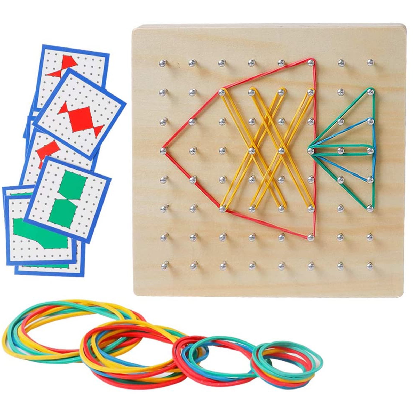 Wooden Geoboard with Rubber Bands Graphical Math Pattern Blocks Geo Board -  Montessori Educational Toy for Kids with Pattern Cards and Rubber Bands