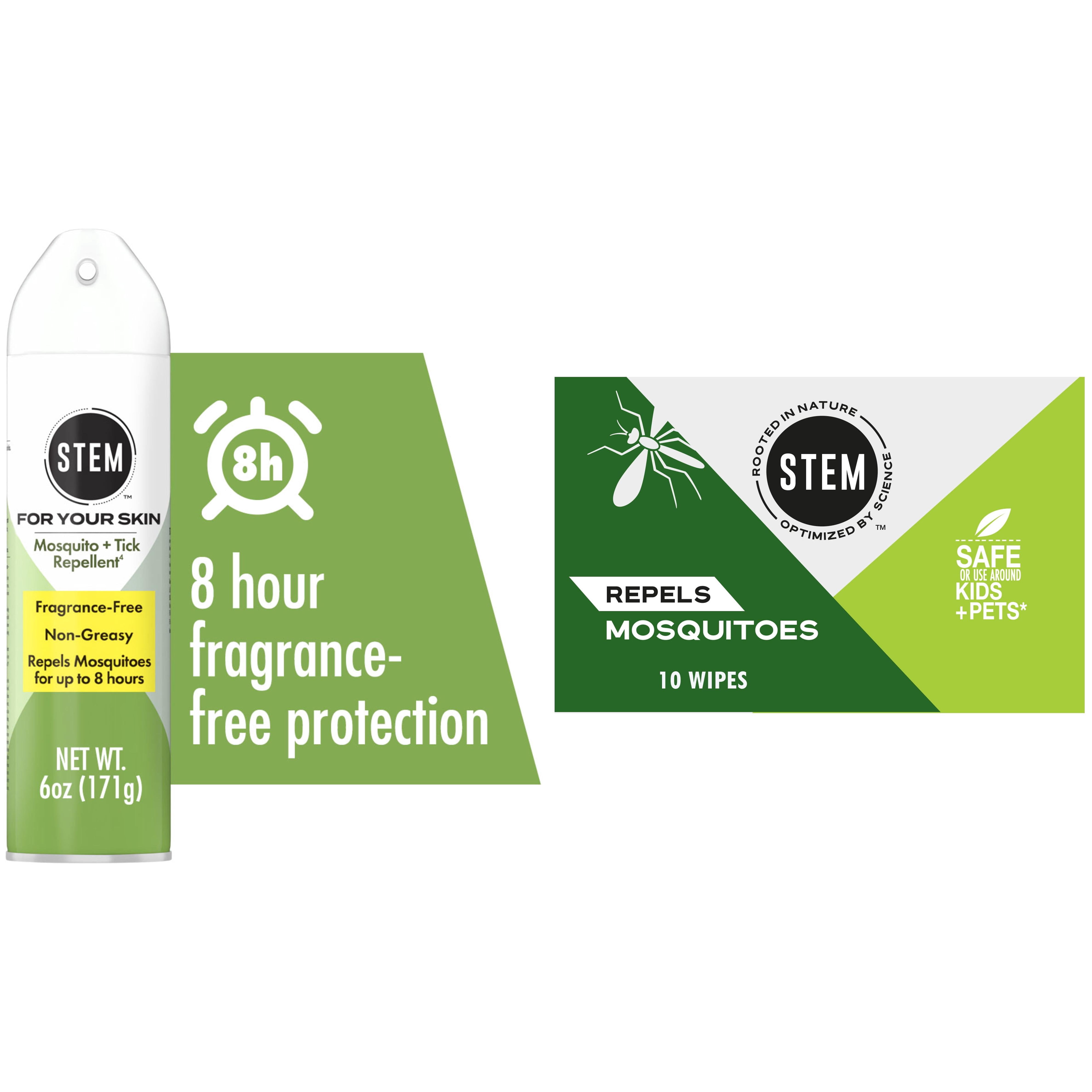 STEM Bug Spray, Mosquito And Tick Repellent For Your Skin, Fragrance-Free, 6 oz + STEM Repels Mosquitoes: Mosquito Repellent Wipes, Fresh, 0.157 oz, 10 Count