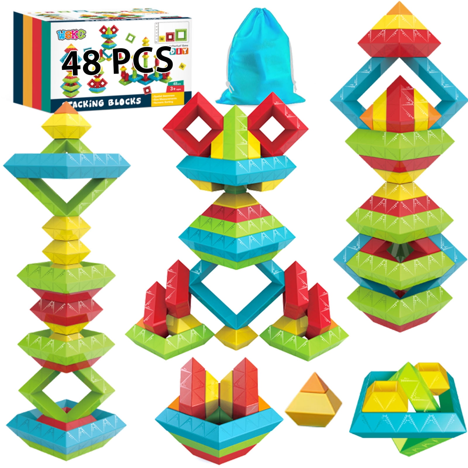 STEM Building Blocks for Toddlers, 48 PCS Educational Stacking Toys - Developmental Learning Toys, Construction Toys for Kids 3 4 5 6 Years Old, Gift for Boys Girls