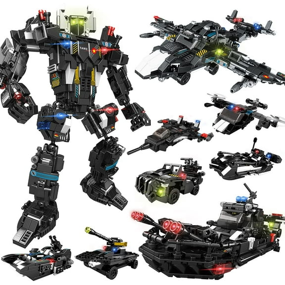 STEM Building Toys for Boys, 9 in 1 Building Blocks Set, to Build A Big Robot or 8 Police Car, Helicopter & Boat, Suitable for 6 7 8 9 10 11 12 + Years Old Children (729PCS)