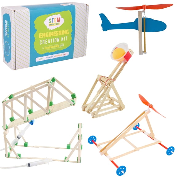 STEM Craft Kit - 25 Engineering Project Ideas and Over 400pcs of Crafts Sticks & Cubes, Wheels, Propellers, Straws, Hot Glue, Rubber Bands, and More Supplies for DIY Kids' Projects