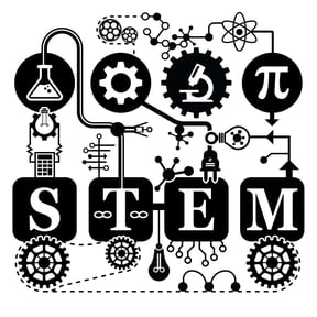 STEM Creative Artwork Banner for Classroom Vinyl Wall Decal - Science Technology Engineering and Mathematics Black and White Art with Microscope, Light Bulb, Calculator, Cogwheel, Pi, Laboratory Equip