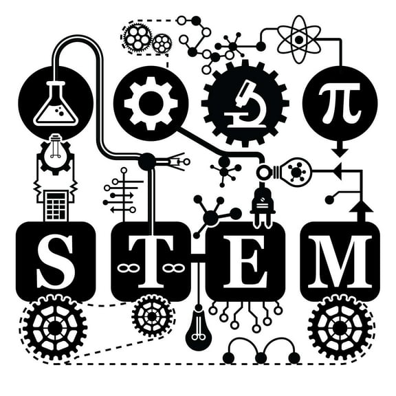STEM Creative Artwork Banner for Classroom Vinyl Wall Decal - Science Technology Engineering and Mathematics Black and White Art with Microscope, Light Bulb, Calculator, Cogwheel, Pi, Laboratory Equip
