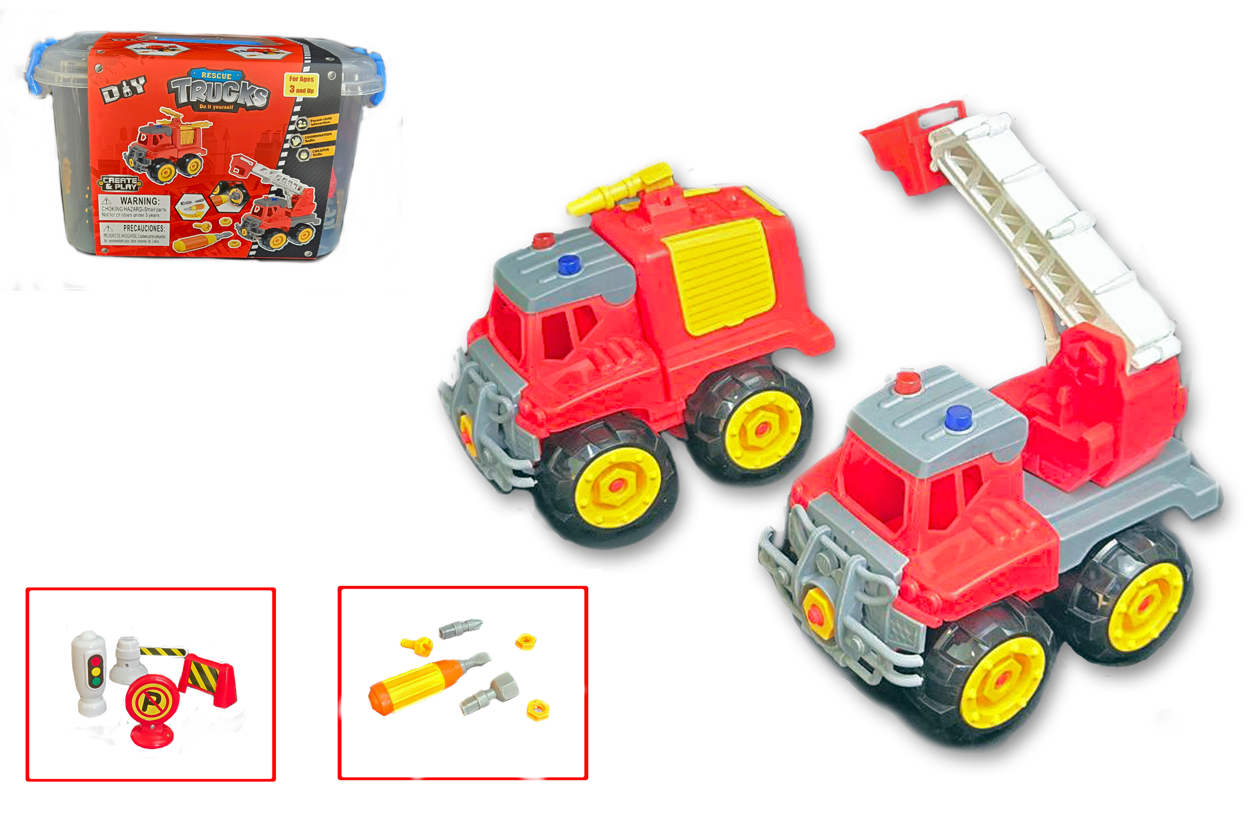 STEM DIY Fire Rescue Truck Building Kit (2 Vehicles) with Screwdriver, Traffic Signs & Moving Parts – Friction-Powered Take Apart Toy for Kids 3+