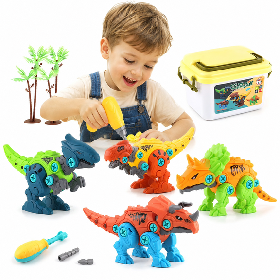 Take Apart Dinosaur Toys for Kids Ages 3-8, STEM Dinosaur Building Kit with Electric Drill, 4 Pack Construction Dinosaur Set, Educational Learning Toy Gift for Boys & Girls with Storage Case