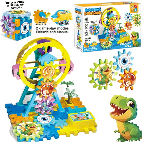 STEM Educational Gears Building Toy Set for Kids Age 3+, Preschool Building Sets with Dinosaur Stickers, 42pcs Mechanical Gear Engineering Kits,Ideal Gifts for Boys & Girls (Not Included Battery)