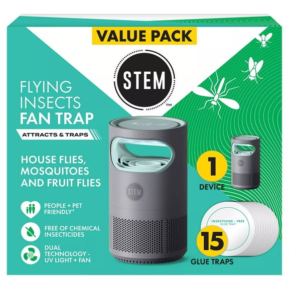 STEM Flying Insect Fan Trap, Dual Attraction UV Light and Quiet Fan, Indoor Pest Control, Portable with 15 Replaceable Glue Traps