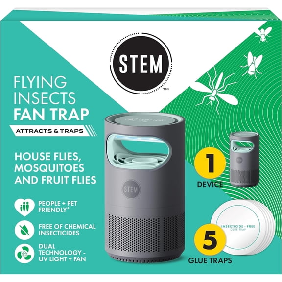 STEM Flying Insect Fan Trap for Indoor Bug Control, Attracts Mosquitoes, Fruit Flies, and House Flies, Plug-in Fan with UV Light, Starter Kit Includes 1 Device and 5 Glue Traps