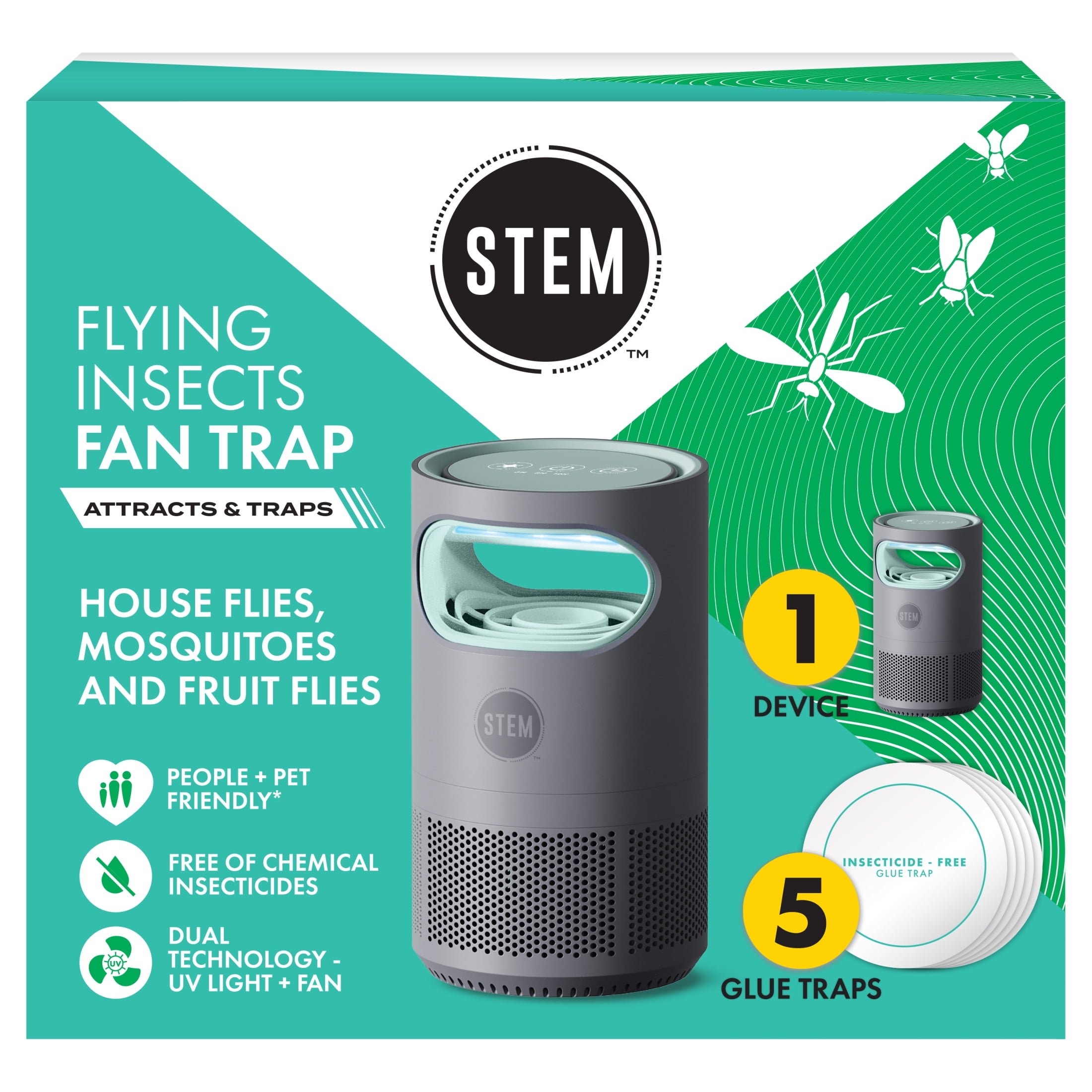 STEM Flying Insect Fan Trap for Indoor Bug Control, Plug-In Fan with UV Light, Starter Kit Includes 1 Device and 5 Glue Traps