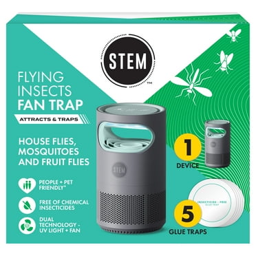 STEM Flying Insect Fan Trap for Indoor Bug Control, Plug-In Fan with UV Light, Starter Kit Includes 1 Device and 5 Glue Traps
