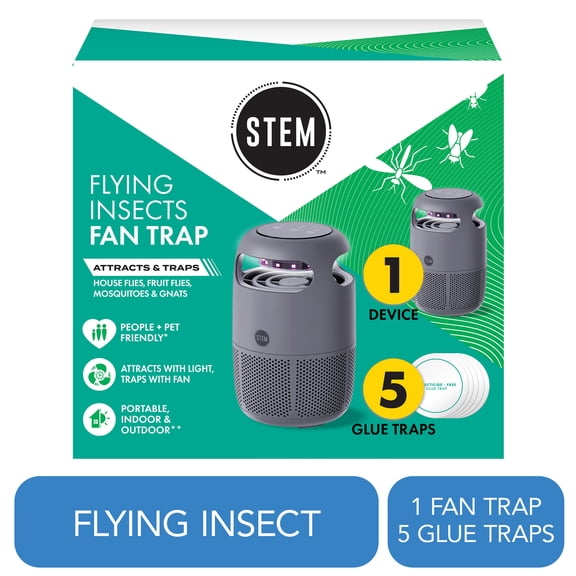 STEM Flying Insect Fan Trap, Rechargeable, Portable Indoor & Outdoor Mosquito, Gnat and Fruit Fly Trap with Timer, Pet-Friendly, Starter Kit Includes 1 Device + 5 Glue Traps