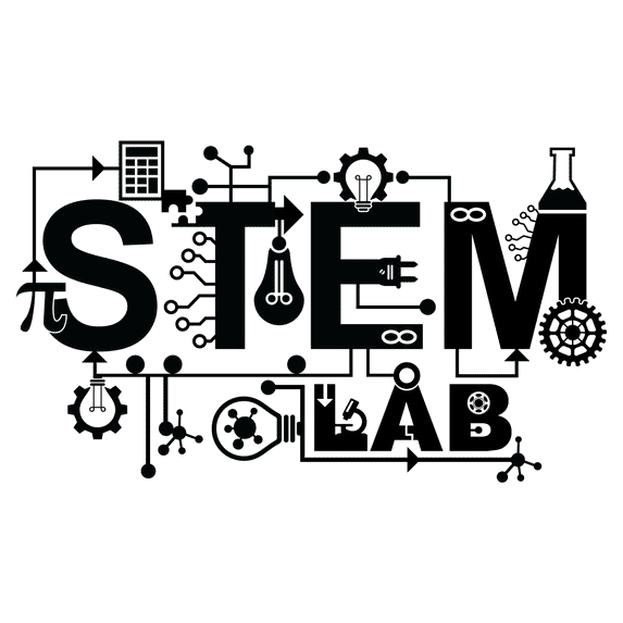 STEM Lab Artwork Banner for Classroom Vinyl Wall Decal - Science Technology Engineering and Mathematics Black and White Art with Calculator, Light Bulb, Cogwheel, Pi, Laboratory Equipments and Circuit