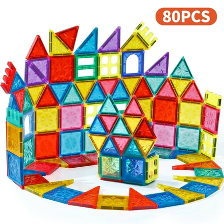 80 PCS Crystal Magnetic Tiles Magnetic Blocks 3D Clear Magnets Toys for Boys Girls 3-6 Years Building Set Christmas Gifts