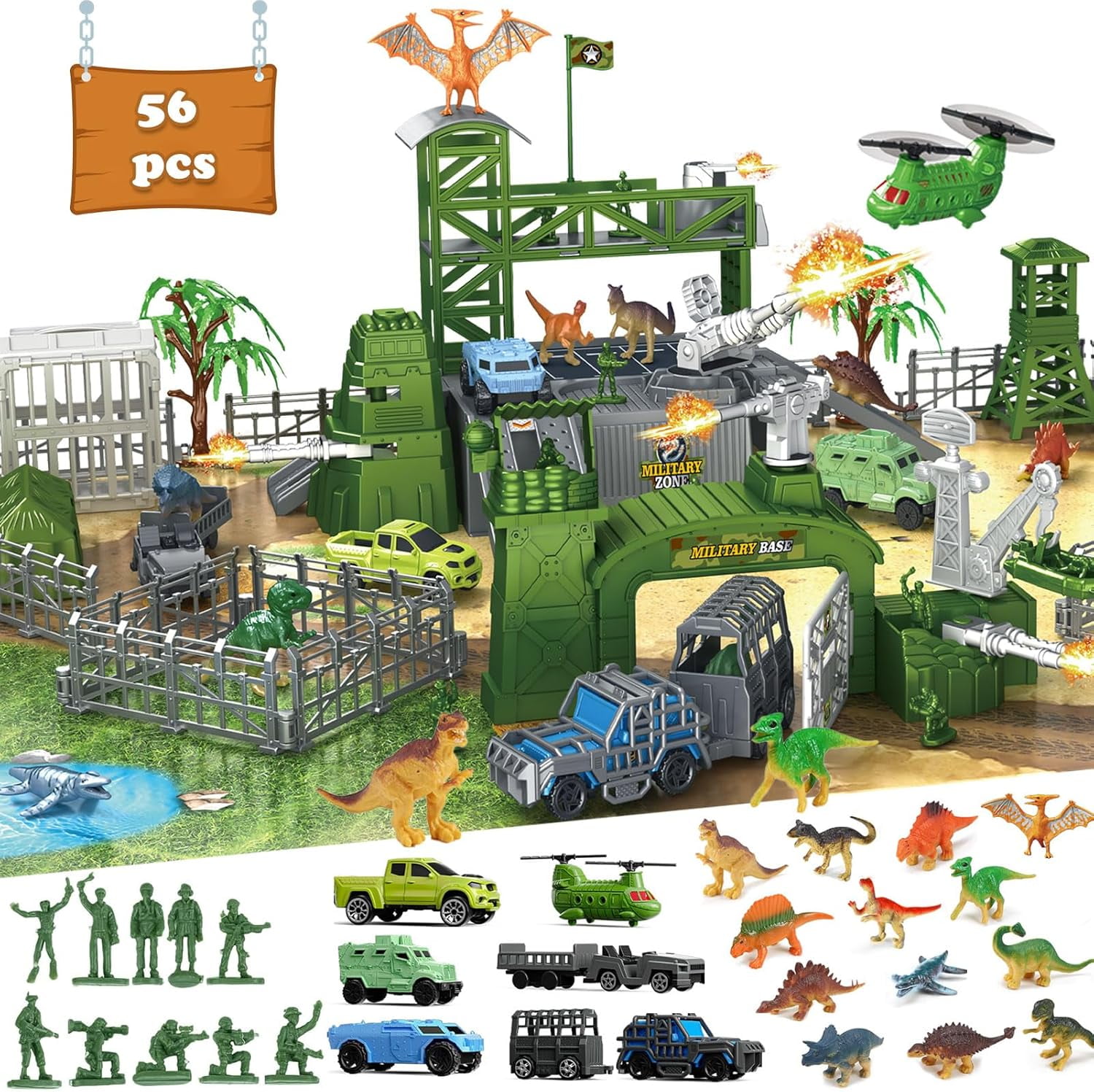STEM Military Dinosaur Battle Playset - 56 Piece Army Toy Set with Soldiers, Helicopter, Je-ep, Trucks, Cannon, Tents & Battle Mat - Educational Combat Toys for Boys Ages 3-12