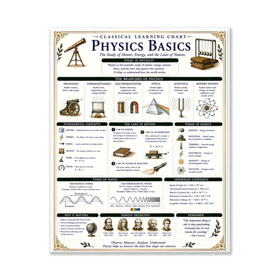 STEM Physics Poster Basic Scientific Principles Chart for Middle School Classroom Homeschool Study Room