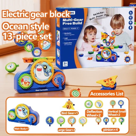STEM Toys for Ages 8-13 Gears Toys, Toddler Engineers Building Toy Set 3-5, Electric & Manual Dual Mode Creative Learning Blocks Birthday Gift for Kids Ocean style