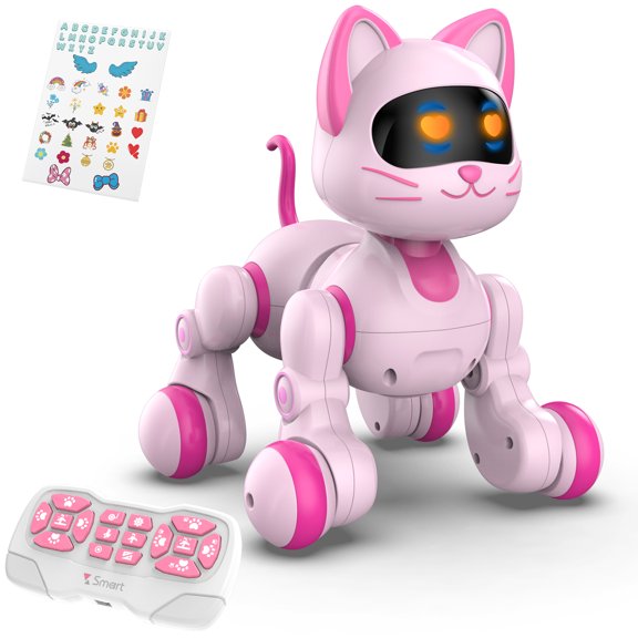 STEMTRON RC Robot Cat for Kids, Programmable Interactive Toy Remote Control Pet for girls RC Toys with Touch Sensing , LED Eyes, Dance & Music, Sticker Gestures Christmas Birthday Gift