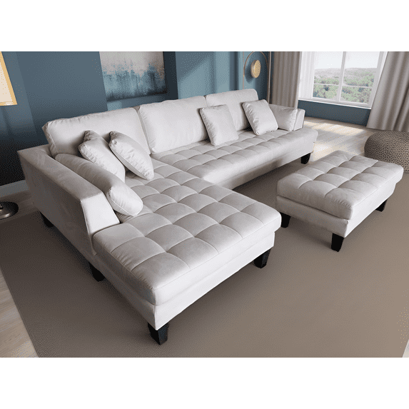 STENDMAR 3pc L Shape 120" Contemporary Cream Microfiber Sectional Sofa Chaise Ottoman S168LW