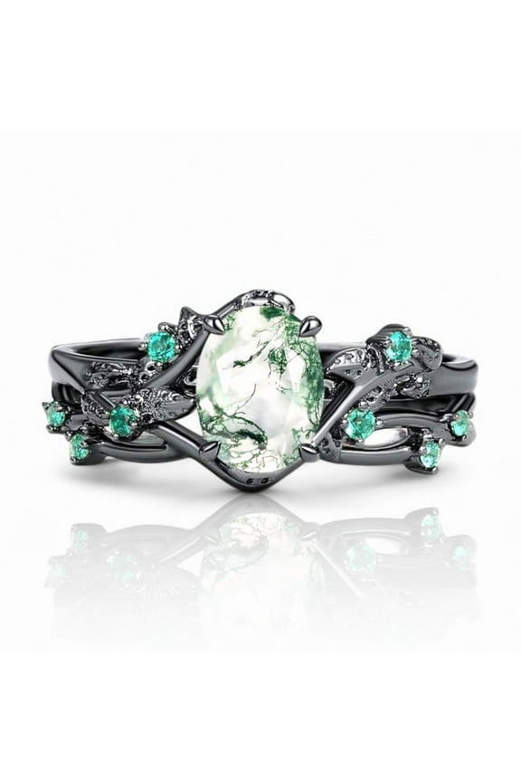 1.5CT Oval Shaped Moss Agate Ring Set Natured - Inspired Bridal Set, Engagement Gifts For Her, Emerald Stacking Jewelry