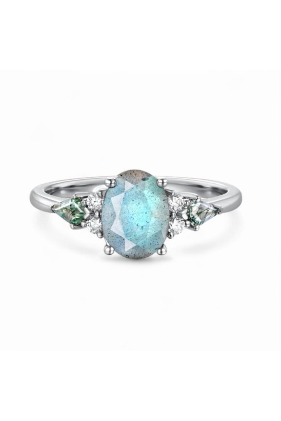 1.5ct Oval Natural Labradorite Engagement Ring, Kite Cut Moss Agate Bridal Ring, Diamond Promise Ring For Her, Christmas Gifts, Birthstone Fine Jewelry
