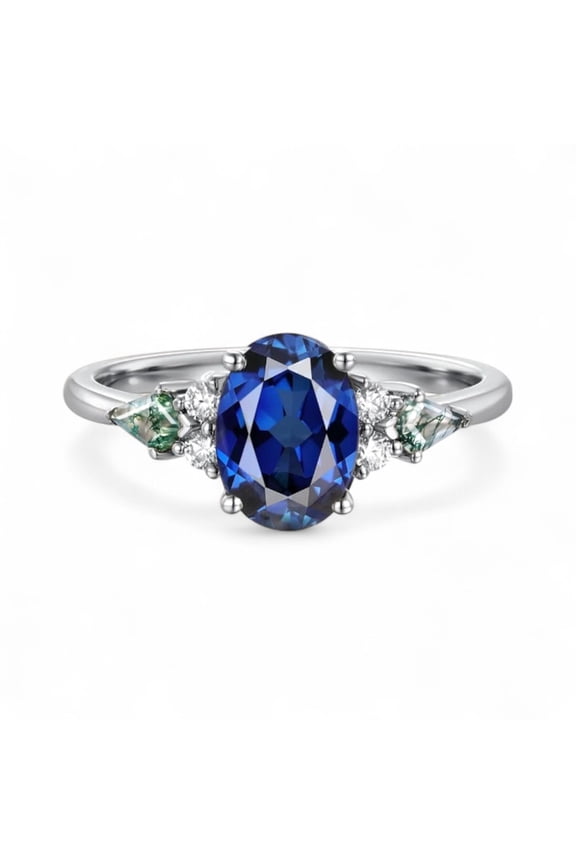 1.5ct Oval Shaped Blue Sapphire Engagement Ring, Kite Cut Moss Agate Bridal Ring, Diamond Promise Ring For Her, Christmas Gifts, Birthstone Fine Jewelry