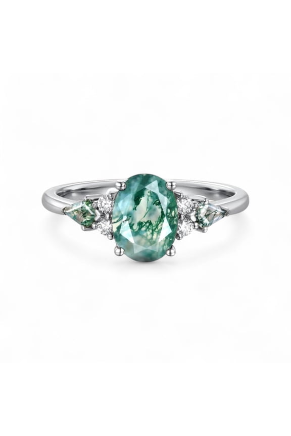 1.5ct Oval Shaped Moss Agate Wedding Ring, Kite Cut Moss Agate Bridal Ring, Diamond Promise Ring For Her, Christmas Gifts, Birthstone Fine Jewelry