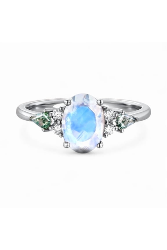 1.5ct Oval Shaped Natural Moonstone Wedding Ring, Kite Cut Moss Agate Bridal Ring, Diamond Promise Ring For Her, Christmas Gifts, Birthstone Fine Jewelry