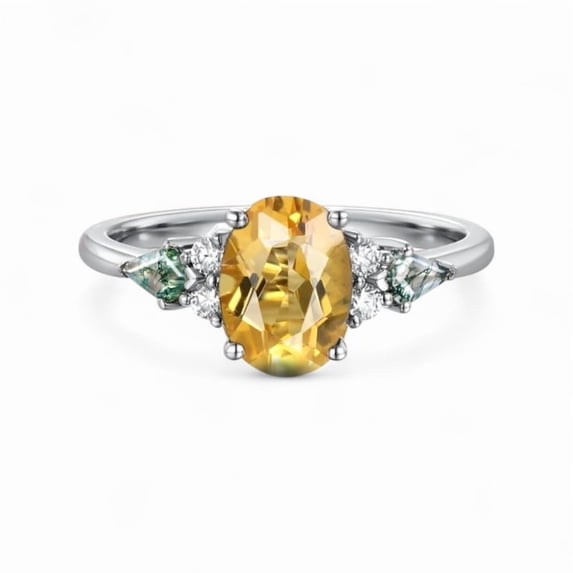 STERLING MINIMALIST 1.5ct Oval Shaped Yellow Citrine Engagement Ring, Kite Cut Moss Agate Bridal Ring, Diamond Promise Ring For Her, Christmas Gifts, Birthstone Fine Jewelry
