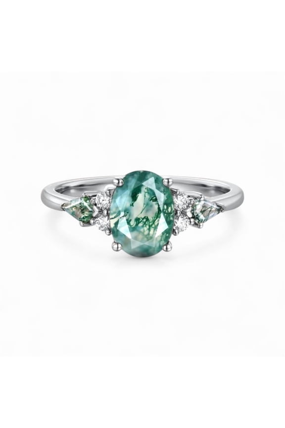 8X6MM Oval Cut Moss Aagte Engagement Ring Kite Cut Natural Agate Ring Diamond Statement Jewelry Sterling Silver Bridal Ring