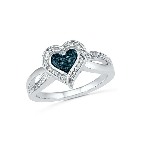 STERLING SILVER 0.03 CTTW WHITE & BLUE DIAMOND HEART RING
